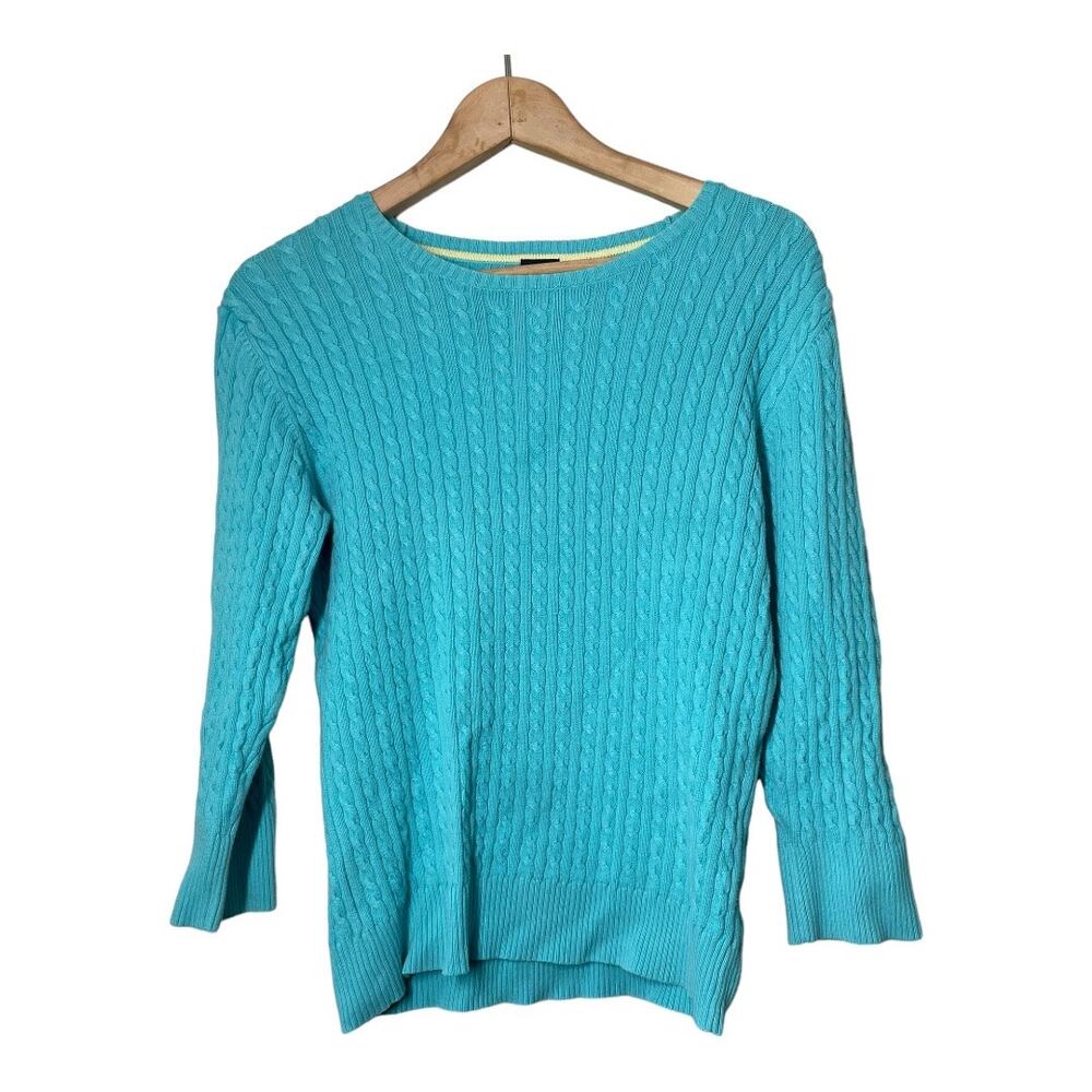 GAP Aqua Blue Cable Knit Sweater Crewneck 3/4 Sleeve Sz Large